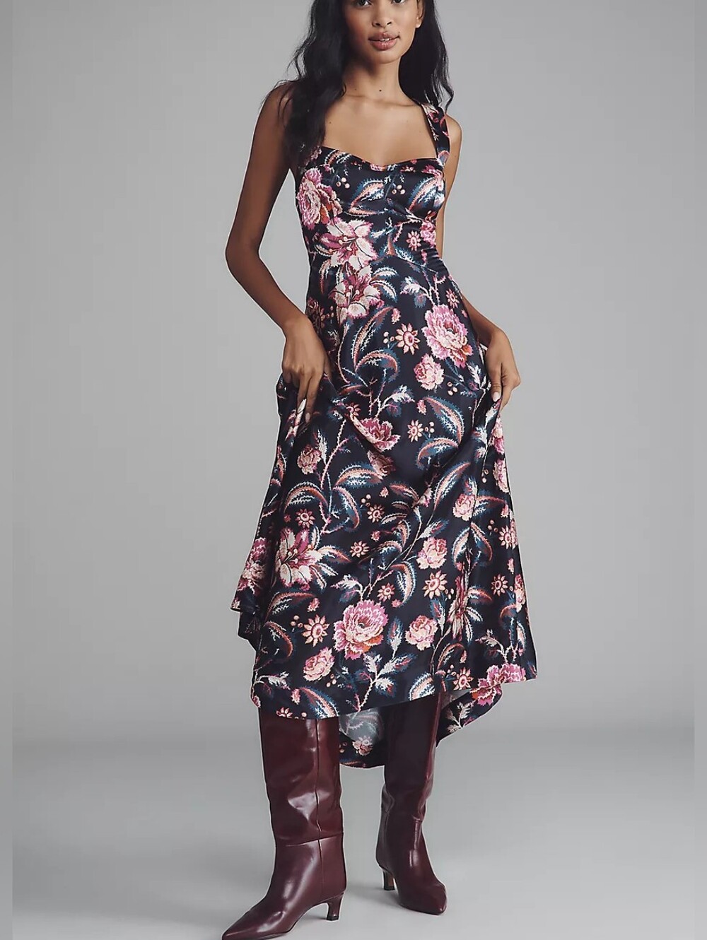 Anthropologie The Jocelyn Black  Pink Floral Sleeveless Slip Midi Dress by Maeve